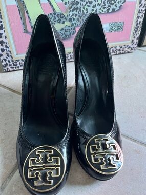 Tory Burch Black Patent Leather wedges  with Gold Logo Medallions